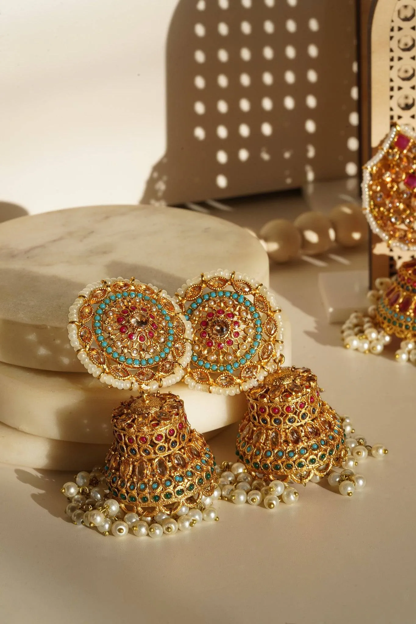 Samreen - Gold Plated and Turquoise Blue Oversized Statement Jhumka Earrings