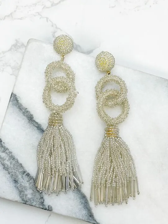 Seed Bead Linked Tassel Earrings - Silver