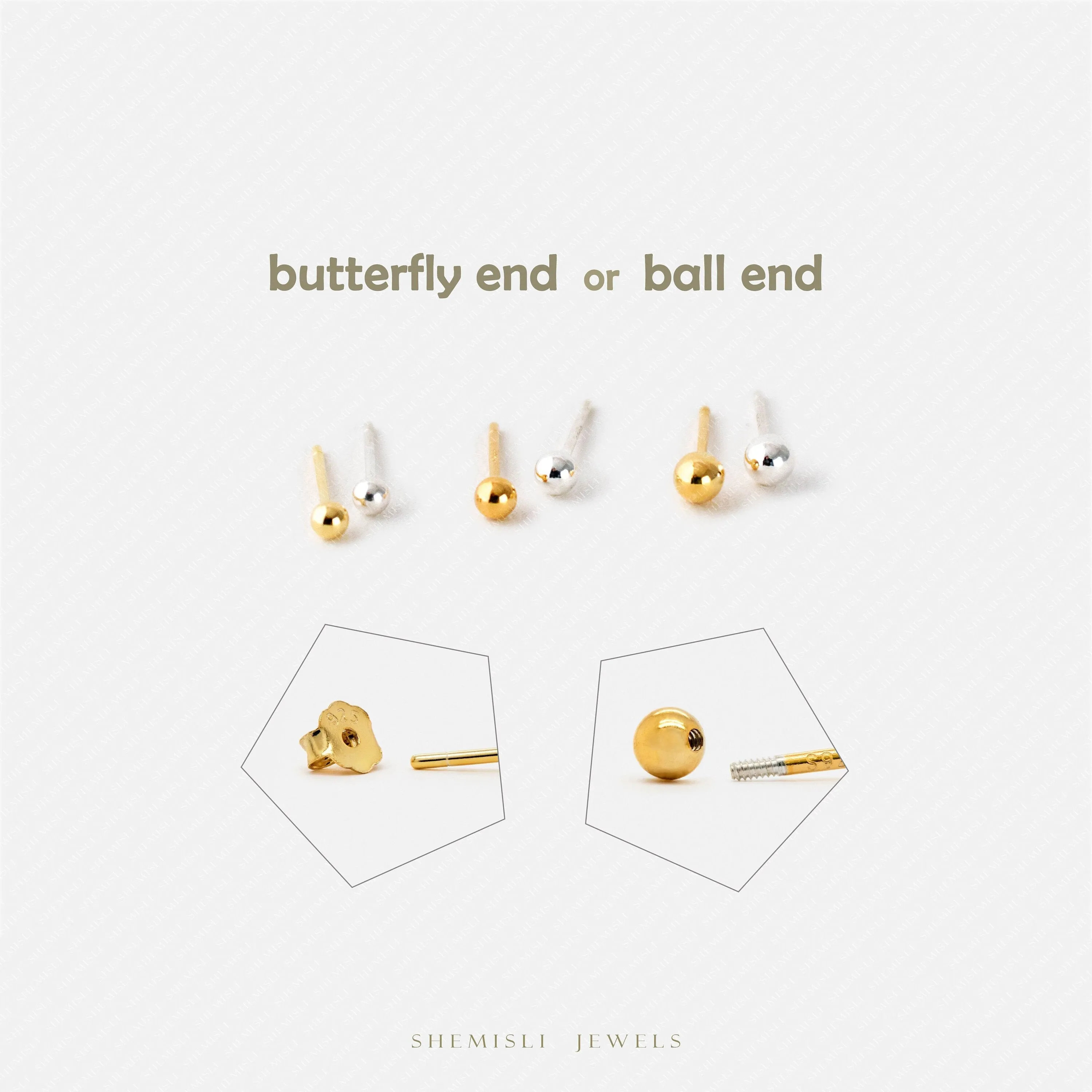 Shiny Ball Studs Earrings, 2, 2.5, 3mm Unisex, Gold, Silver SS201, SS001, SS002 Butterfly End, SS845, SS846, SS847 Screw Ball End (Type A)