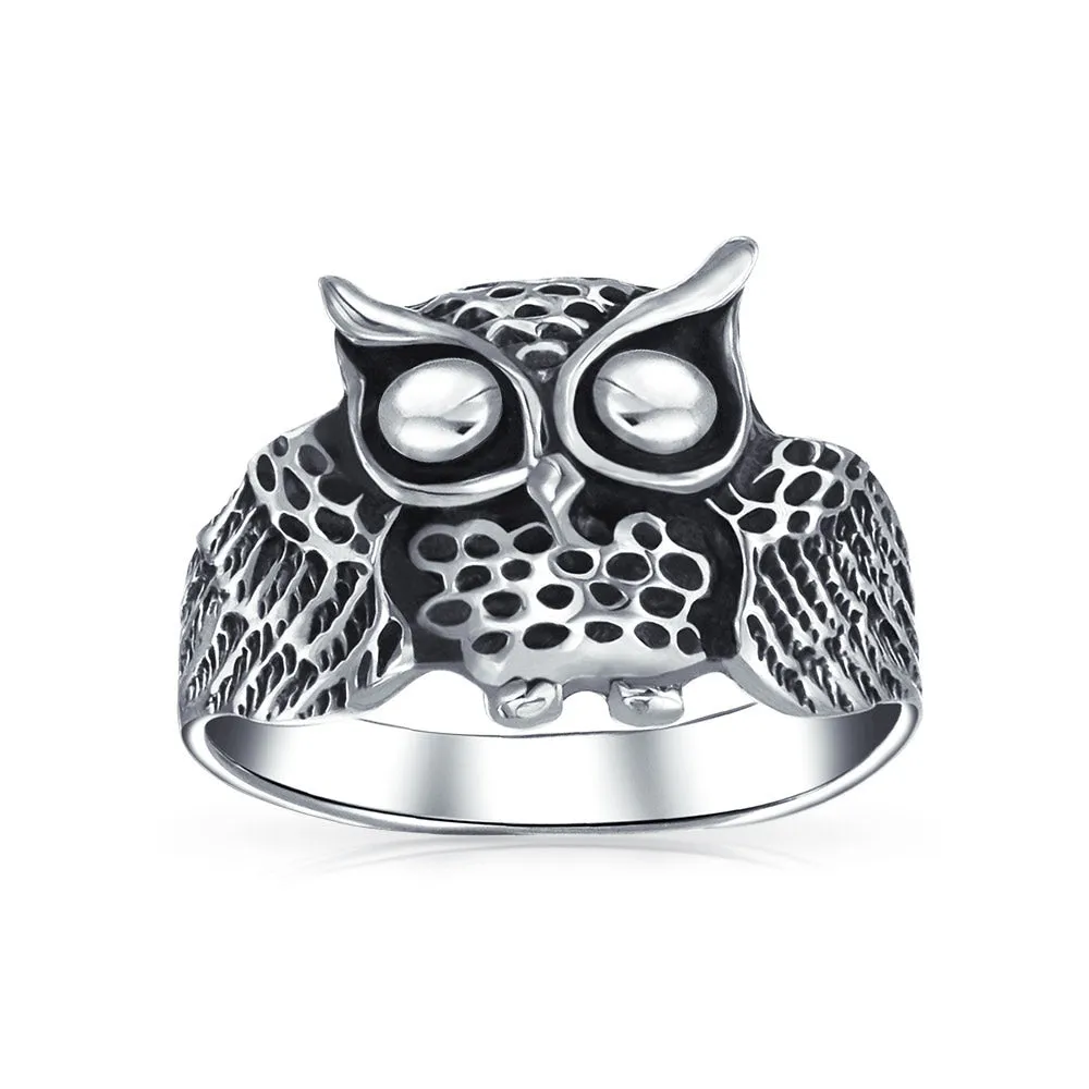 Silver Ring: Wise Bird Night Owl Band Oxidized Sterling Sterling