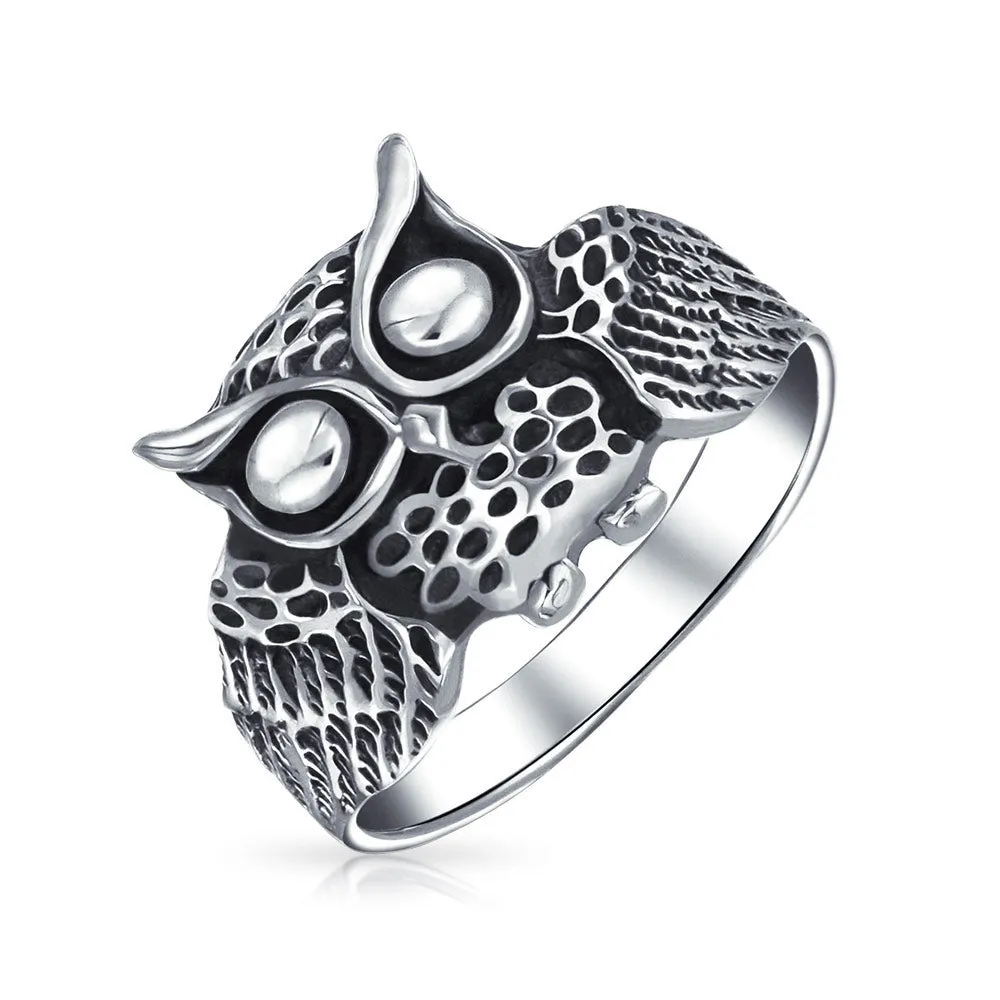 Silver Ring: Wise Bird Night Owl Band Oxidized Sterling Sterling