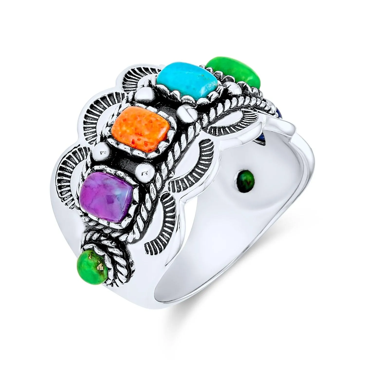 Southwest Boho Silver Ring with Multi-Color Gemstones in Sterling Silver