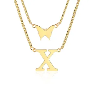 Sterling Silver Personalized A-Z Initial Necklace with Butterfly Star Custom Capital Letter Double Layered Pendants