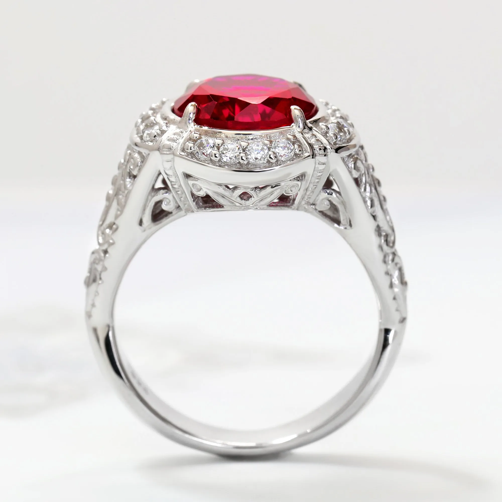 Sterling Silver Simulated Red Ruby, Vintage Halo Edwardian Ring