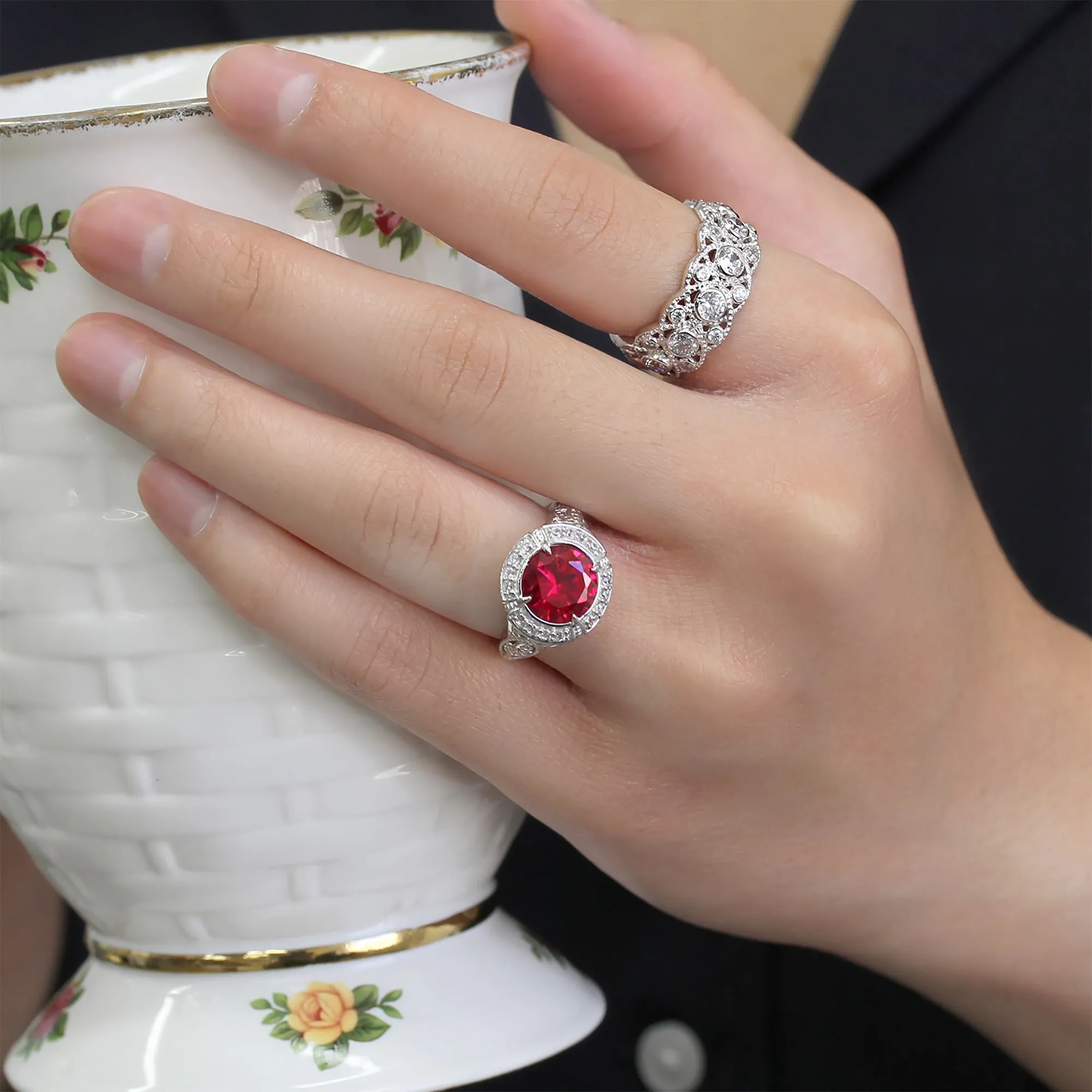 Sterling Silver Simulated Red Ruby, Vintage Halo Edwardian Ring