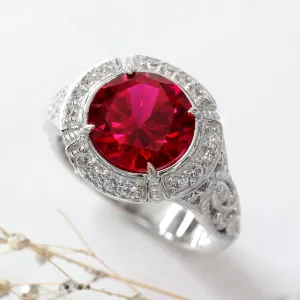 Sterling Silver Simulated Red Ruby, Vintage Halo Edwardian Ring