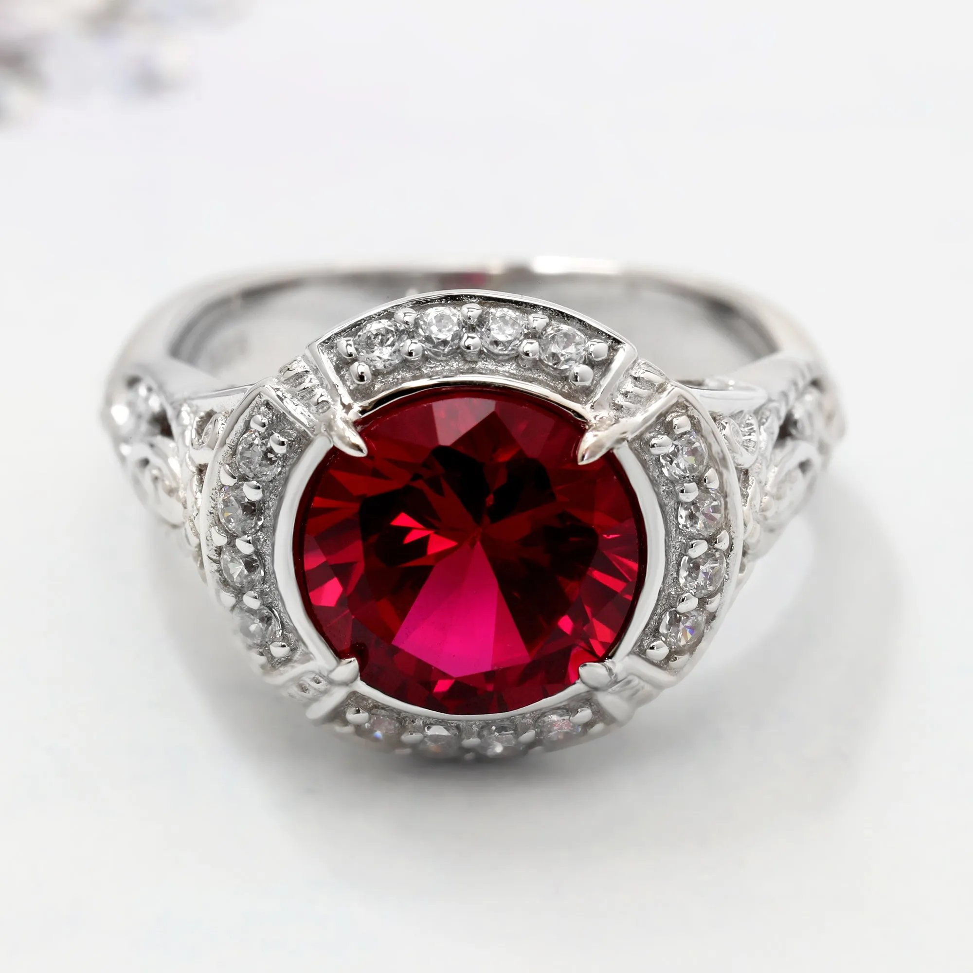 Sterling Silver Simulated Red Ruby, Vintage Halo Edwardian Ring