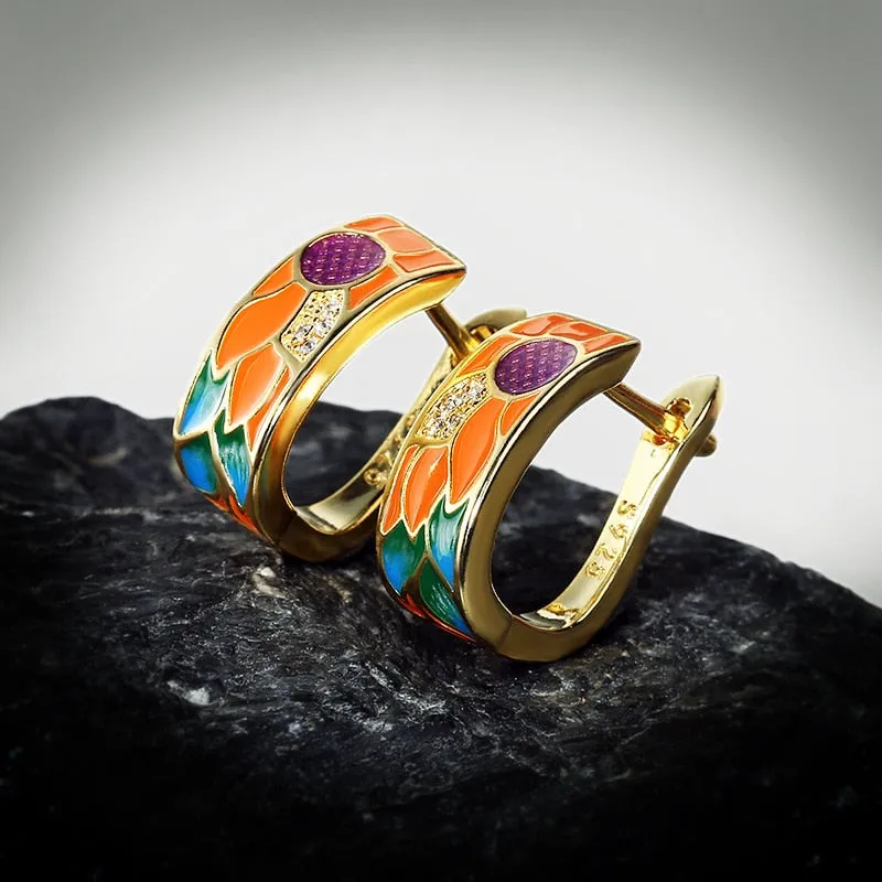 Sun Flower Enamel Hoop Earrings for Women with Zircon in 925 Sterling Silver