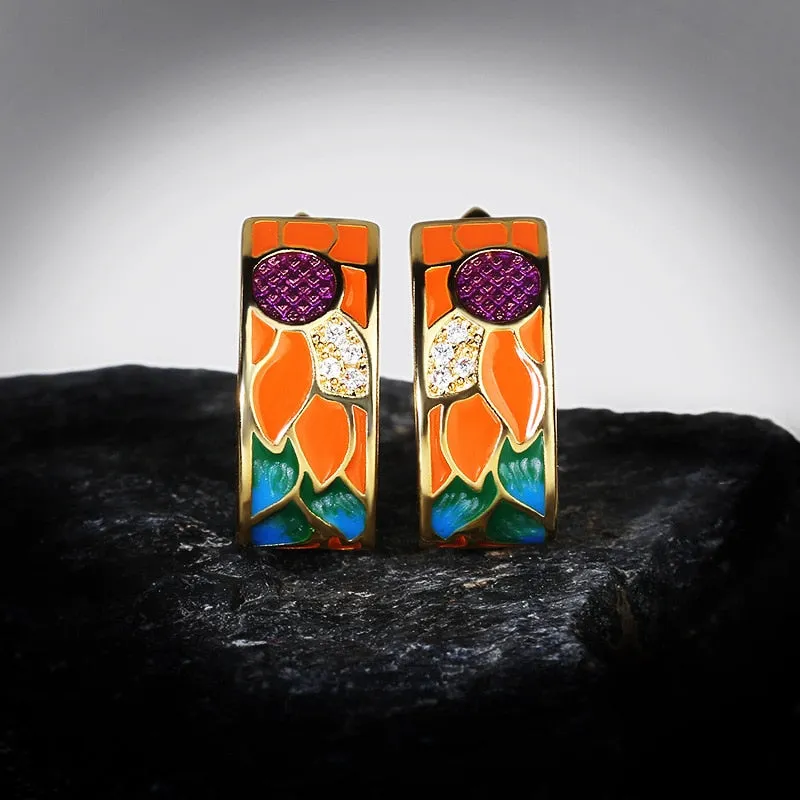 Sun Flower Enamel Hoop Earrings for Women with Zircon in 925 Sterling Silver