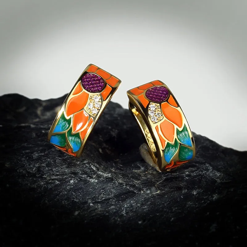 Sun Flower Enamel Hoop Earrings for Women with Zircon in 925 Sterling Silver