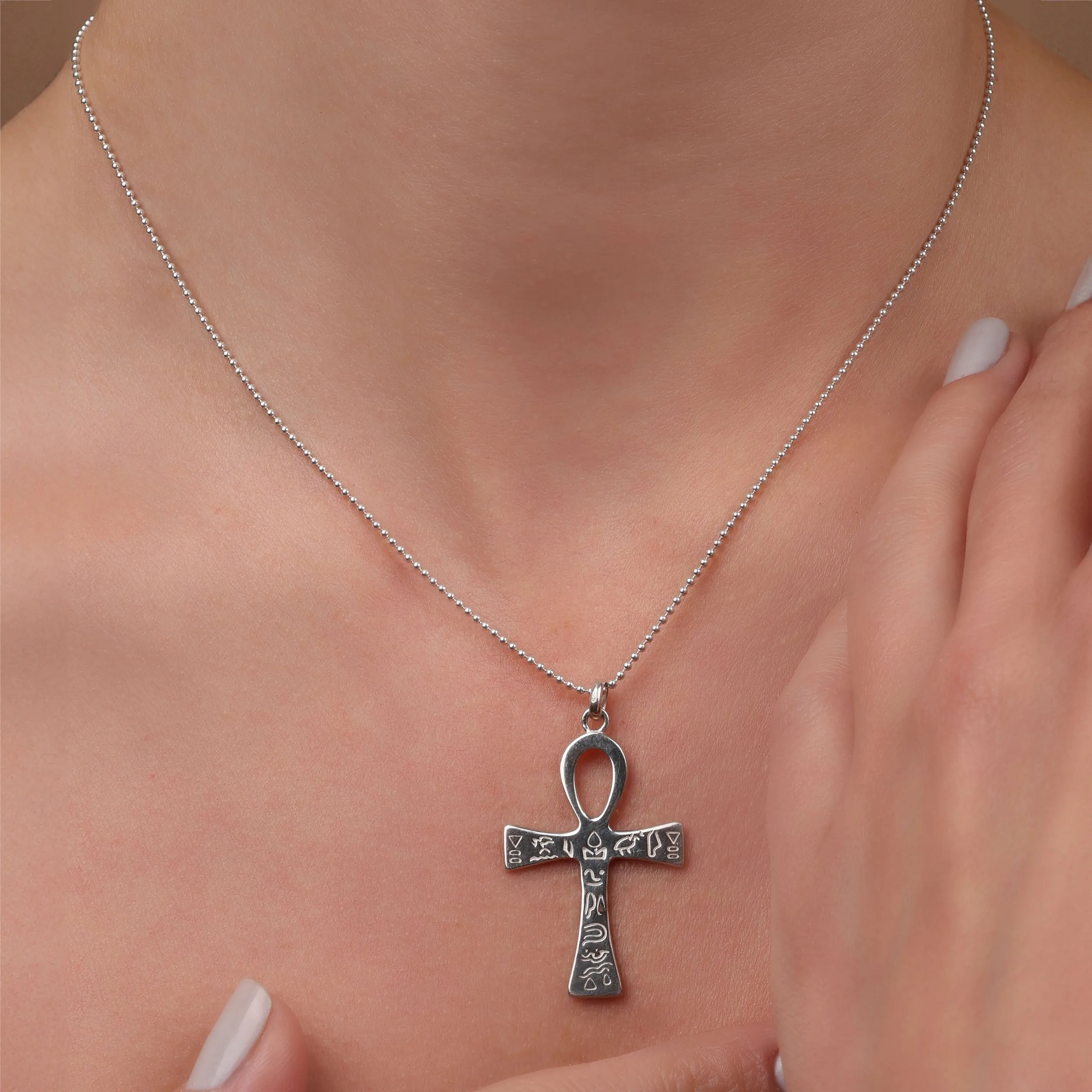 Unisex Sterling Silver Egyptian Ankh Cross Pendant Necklace - Key to Life Design