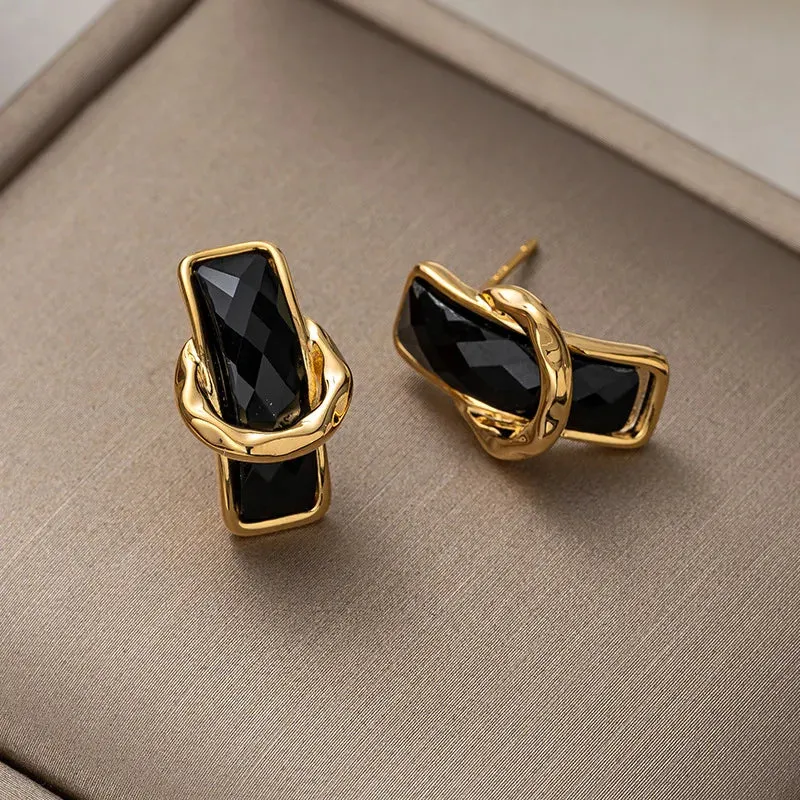 VAIGE Chic Black Geometric Rectangle Metal Earrings