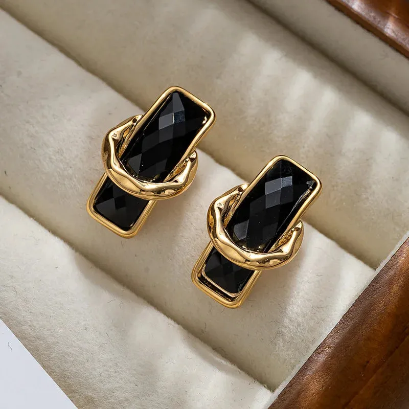 VAIGE Chic Black Geometric Rectangle Metal Earrings