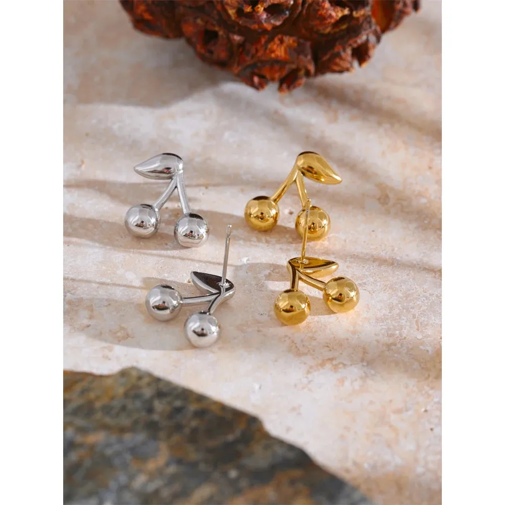 VAIGE Chic Cherry Golden 316L Stainless Steel Stud Earrings - Water Resistant 18K PVD Plated Fashion Jewelry