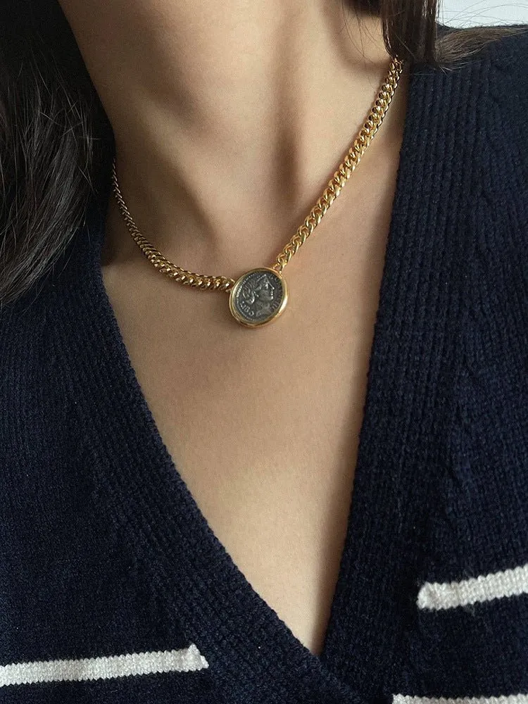 Vintage Roman Lady Luck Coin Pendant Necklace