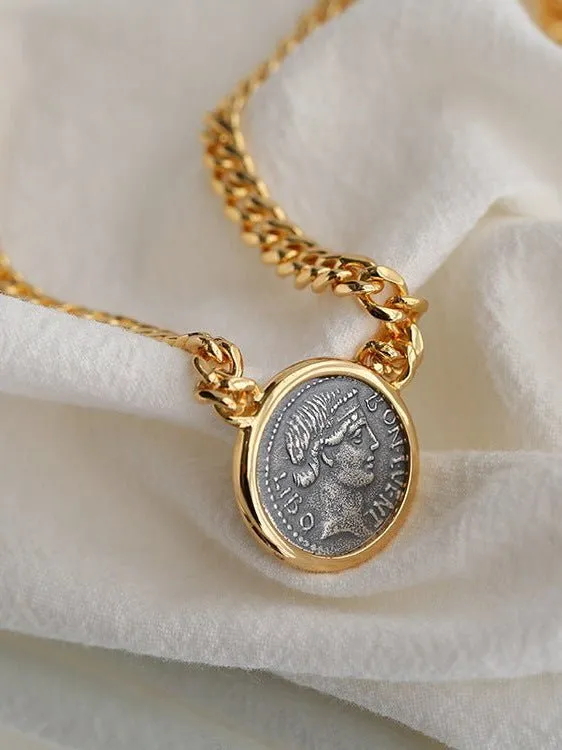 Vintage Roman Lady Luck Coin Pendant Necklace