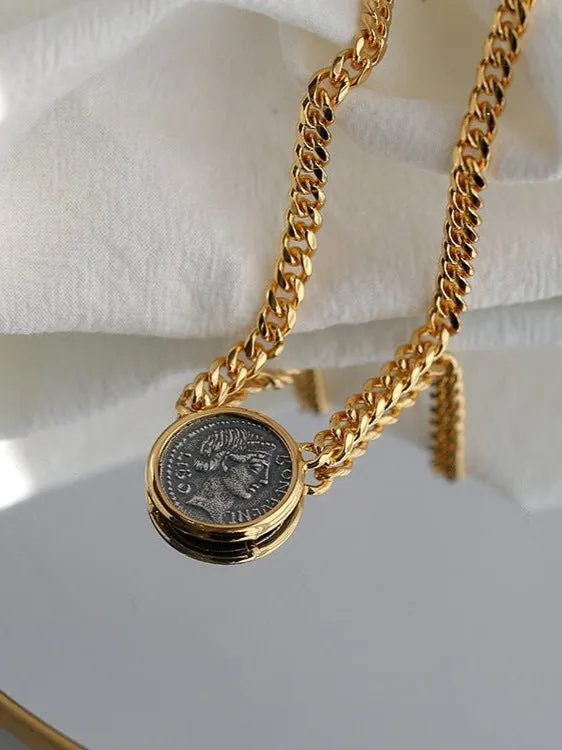 Vintage Roman Lady Luck Coin Pendant Necklace