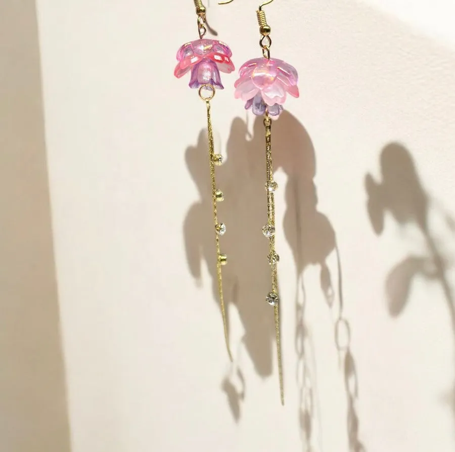 Whimsical - Sakura earrings | golden leaf mini flower earrings | elegant floral dangle chain earrings