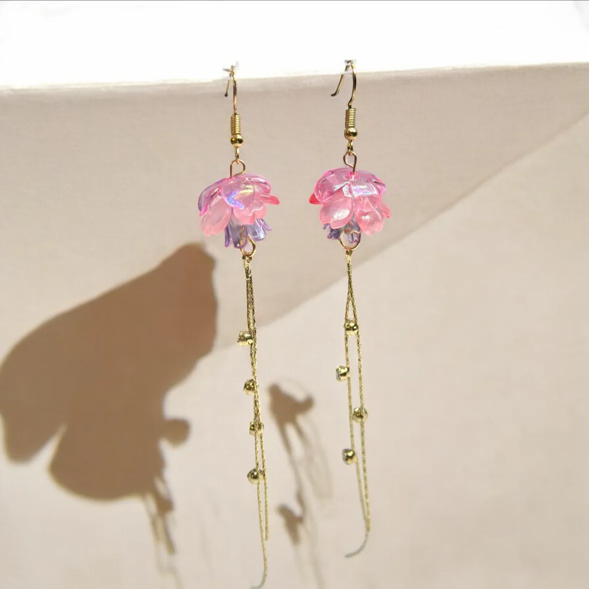 Whimsical - Sakura earrings | golden leaf mini flower earrings | elegant floral dangle chain earrings