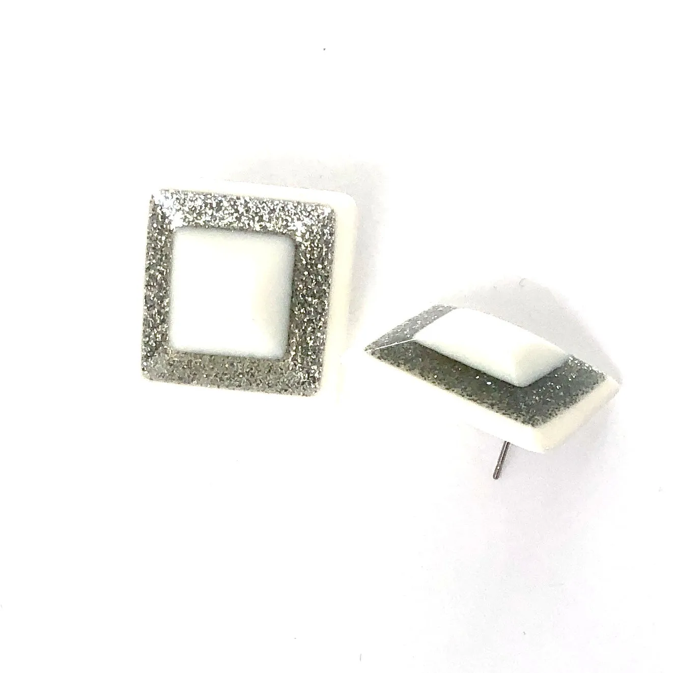 White Sparkle Square Stud Earrings