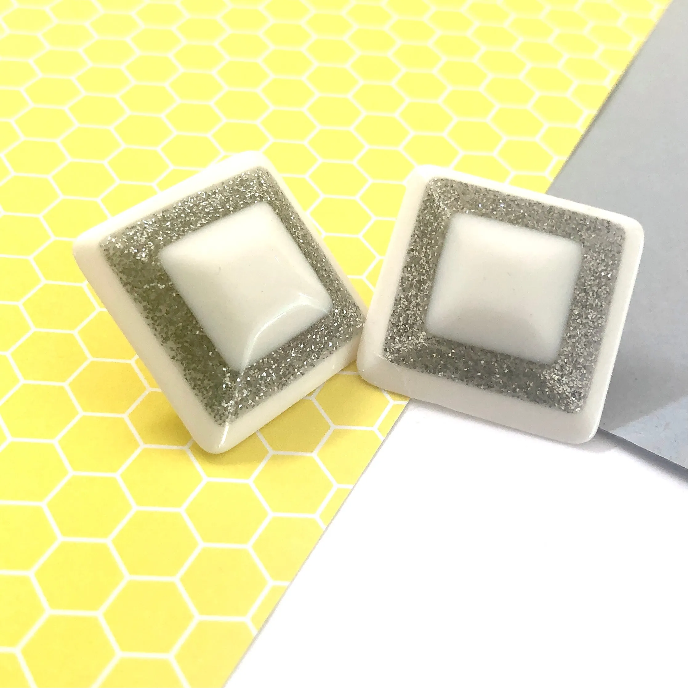 White Sparkle Square Stud Earrings