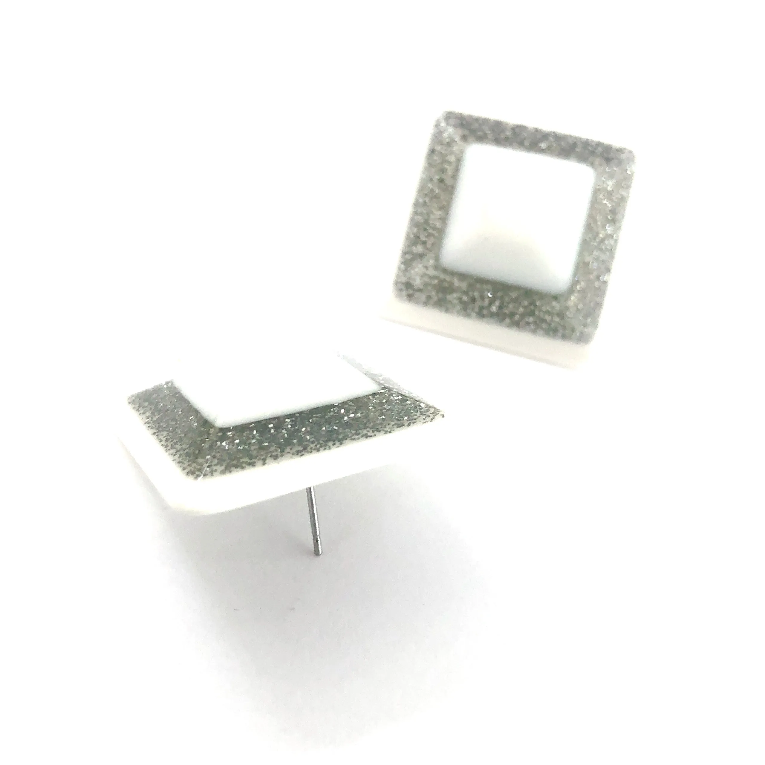 White Sparkle Square Stud Earrings