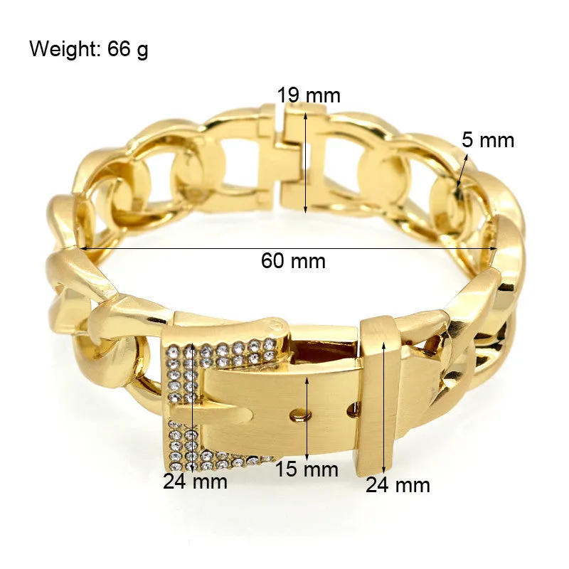 Women Jewelry Smooth Simply Girl Bracelet 18K Gold Plated 18mm Wide Bracelet Crystal Paved Clasps Belt Buckle