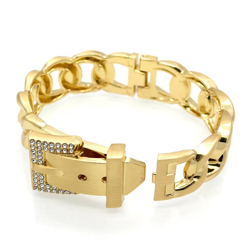 Women Jewelry Smooth Simply Girl Bracelet 18K Gold Plated 18mm Wide Bracelet Crystal Paved Clasps Belt Buckle