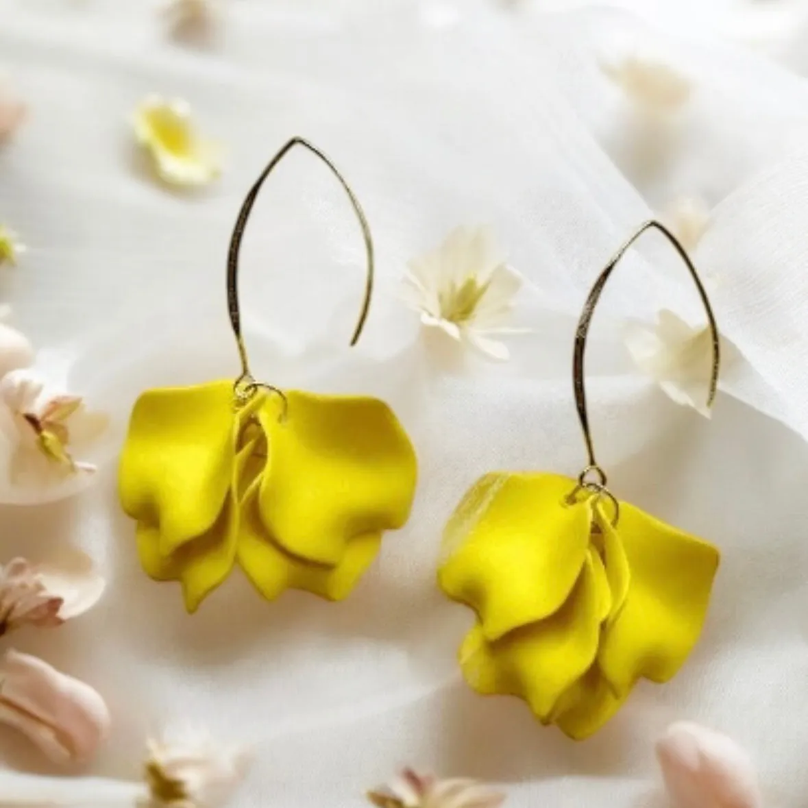 Yellow - flower earrings | dangle petals statement earrings | unique golden bar floral earrings | bridal party wedding earrings