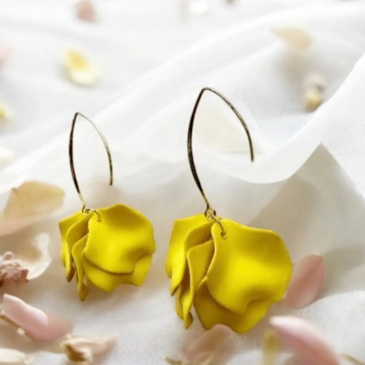 Yellow - flower earrings | dangle petals statement earrings | unique golden bar floral earrings | bridal party wedding earrings